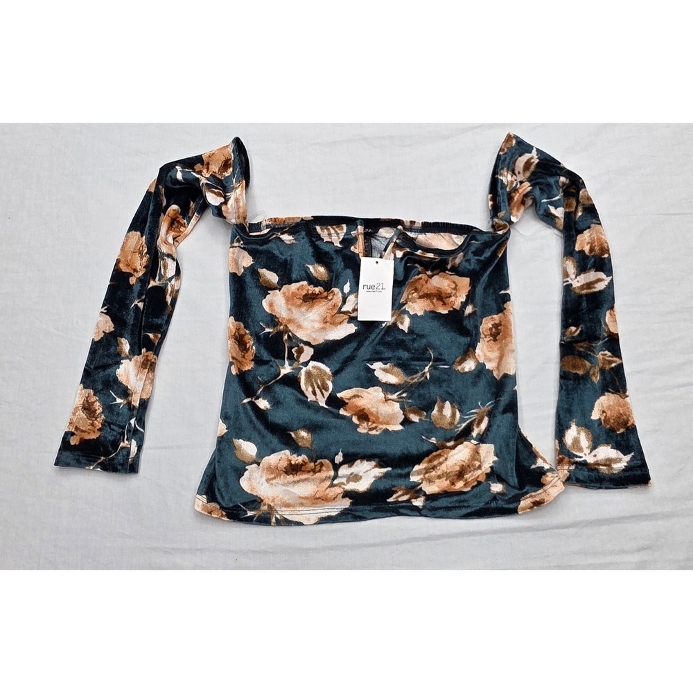 Rue21 Womens Teal Floral Velvet Off Shoulder Long Sleeve Top Medium NWT